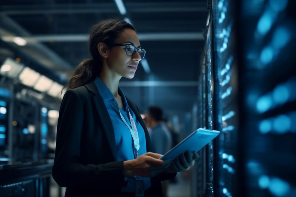 Mulher segurando tablet enquanto trabalha presencialmente em um data center, representando o field service.